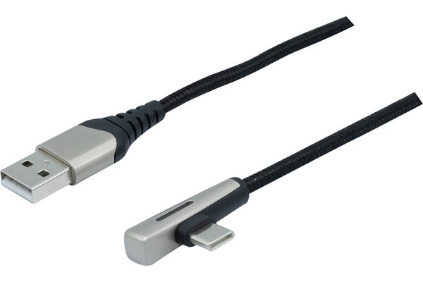 USB A to Type C LED braid cable angled , USB 2.0. PD 60W-2m